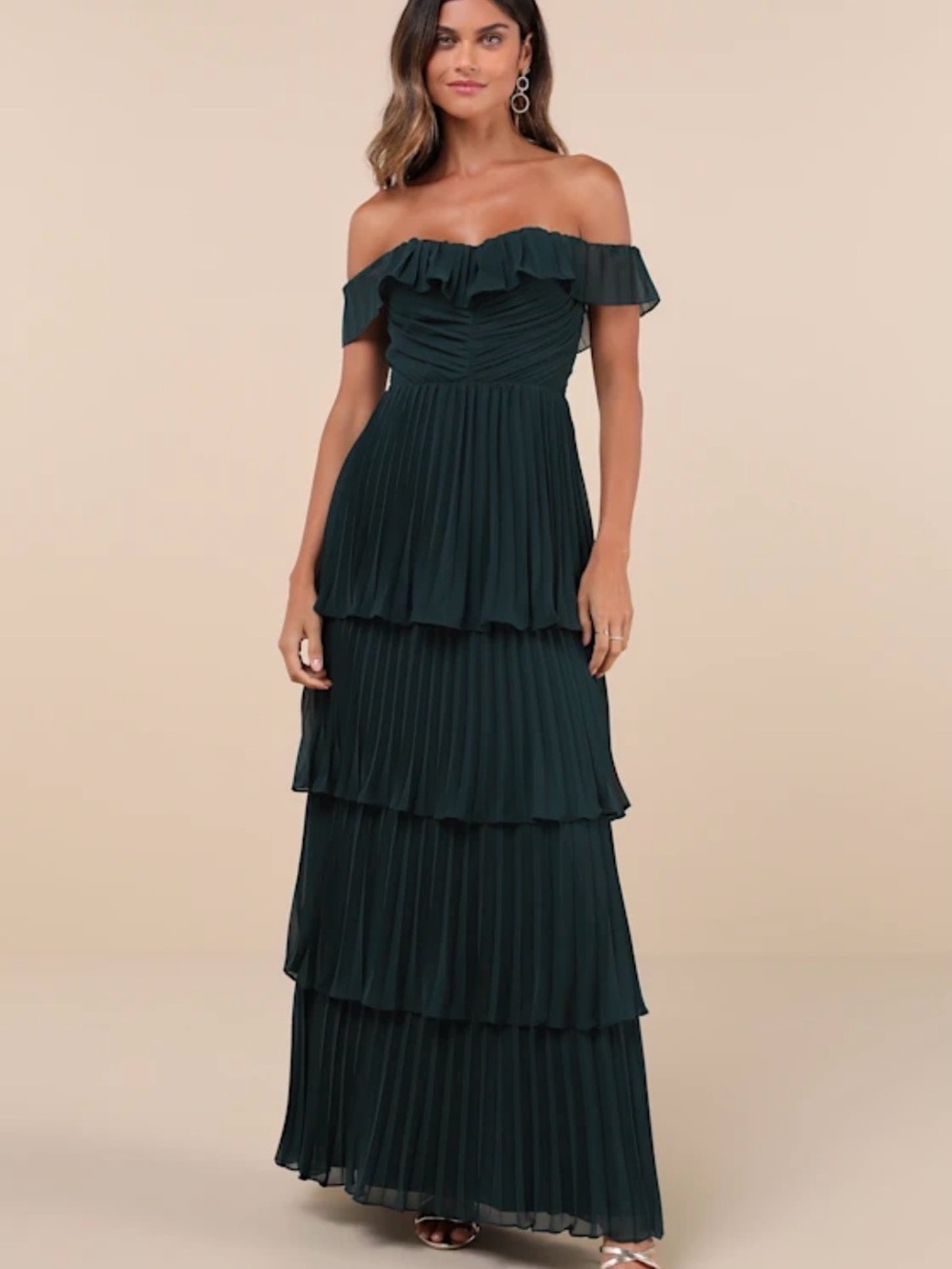 Lulu's Forest Green One-Shoulder Tiered Pleated Maxi Dress